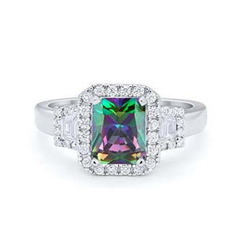 Three Stone Baguette Wedding Ring Simulated Rainbow CZ 925 Sterling Silver